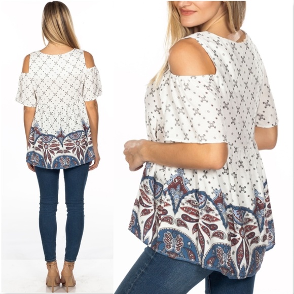 Boho Off The Shoulder COLORBLOCK Baby Doll Top - Picture 4 of 4